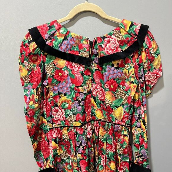 Vtg Picture Me Womens Multicolor Fruit Floral Lace Collar Dress M/L Long Sleeve - Picture 13 of 15